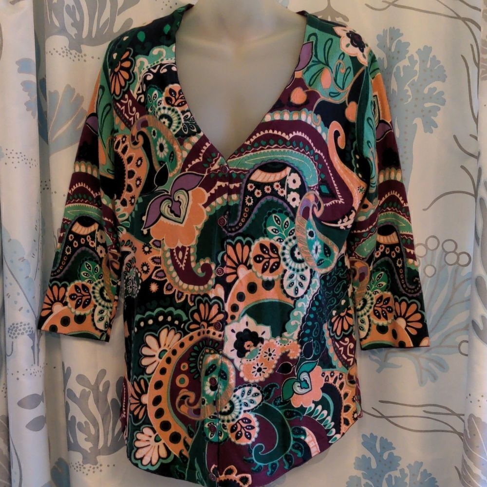 Isaac Mizrahi Live! Purple Paisley Cardigan Sweater 3/4 Length Sleeves, Sz S - Picture 2 of 11